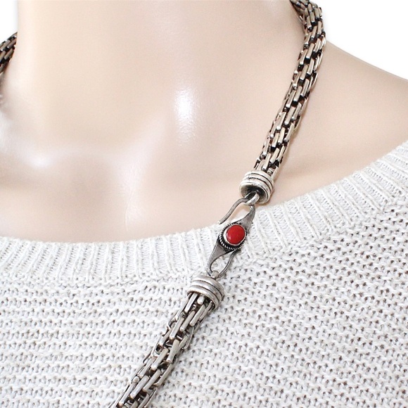 Vintage Red Coral Sterling Silver Woven Rope Chain Necklace Thick Heavy 72 Grams - Picture 3 of 5